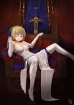  1girl ahoge blonde_hair caliburn dress fate/stay_night fate_(series) green_eyes highres riftgarret saber solo sword thigh-highs throne weapon white_dress 