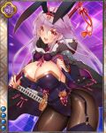  1girl animal_ears artist_request blush breasts bunnysuit card_(medium) cleavage cloak contrapposto covered_navel cowboy_shot fishnet_pantyhose fishnets garter_straps jpeg_artifacts katana large_breasts long_hair official_art open_mouth orange_eyes pantyhose purple_background purple_hair rabbit_ears sengoku_bushouki_muramasa sheath sheathed shippou_(pattern) solo sword thigh-highs toudou_takatora_(sengoku_bushouki_muramasa) very_long_hair weapon 