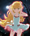  1girl armpits blonde_hair dress gedou_(ge_ge_gedou) long_hair monogatari_(series) moon nisemonogatari oshino_shinobu pointy_ears standing yellow_eyes 