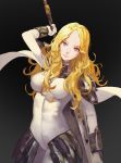  1girl black_background blonde_hair breasts claymore forehead long_hair looking_at_viewer nanaya_(daaijianglin) red_eyes simple_background smile solo sword weapon 