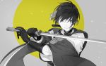  1boy blue_eyes japanese_clothes katana male_focus mikazuki_munechika monochrome o-ishi spot_color sword touken_ranbu upper_body weapon 