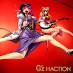  2girls band blonde_hair breasts cable china_dress chinese_clothes cleavage electric_guitar facial_mark forehead_mark forte_stollen galaxy_angel guitar hat high_heels instrument jumping large_breasts long_coat long_hair microphone military military_uniform multiple_girls open_mouth peaked_cap puffy_sleeves ranpha_franboise red_background redhead sawao side_slit singing sunglasses uniform vest 