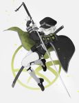  1boy cape garters green_eyes hat highres hotarumaru kneehighs monochrome o-ishi ootachi shorts smile sock_garters sode spot_color sword touken_ranbu weapon 