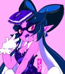 1girl breasts callie_(splatoon) character_name cleavage dress food food_on_head long_hair mask mole object_on_head open_mouth ramchild solo splatoon sushi tentacle_hair