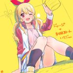  ;d aikatsu! blonde_hair bow cup hair_bow hairband hoshimiya_ichigo jacket long_hair offering one_eye_closed open_clothes open_jacket open_mouth outstretched_arm panties pantyshot red_eyes sitting skirt smile socks tetsujin_momoko track_jacket underwear 