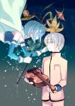  1boy 1girl blue_eyes blue_hair cape gloves grey_hair instrument kamijou_kyousuke magical_girl mahou_shoujo_madoka_magica miki_sayaka momoko_(palemon) school_uniform short_hair smile violin 