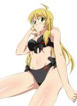  1girl absurdres ahoge akou_(phoenix777) bikini blonde_hair blush breasts cleavage green_eyes highres hoshii_miki idolmaster idolmaster_2 long_hair navel solo swimsuit 