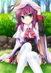  1girl angel_beats! cape company_connection cosplay green_eyes hat highres key_(company) little_busters!! long_hair noumi_kudryavka noumi_kudryavka_(cosplay) purple_hair school_uniform sitting smile soraeda thigh-highs yuri_(angel_beats!) 