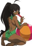  1girl ahoge anklet ass back ball barefoot beachball black_hair borrowed_character cyron_tanryoku dark_skin full_body glasses green-framed_glasses green_swimsuit highres huge_ahoge jewelry kneeling long_hair looking_back one-piece_swimsuit original ponytail popsicle red_eyes semi-rimless_glasses soles solo spike_wible swimsuit toes tongue tongue_out transparent_background under-rim_glasses very_dark_skin very_long_hair 