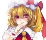 1girl ascot blonde_hair blush dress face flandre_scarlet hat looking_at_viewer mob_cap pink_eyes puffy_short_sleeves puffy_sleeves red_dress renkarua shirt short_sleeves side_ponytail smile solo touhou upper_body wrist_cuffs 
