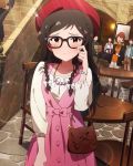  1girl artist_request blush braid brown_eyes brown_hair dress faceless faceless_male glasses hat idolmaster idolmaster_million_live! jewelry kitazawa_shiho long_hair looking_at_viewer necklace official_art solo_focus 
