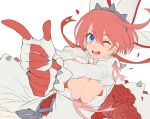  1girl blue_eyes blush breasts cleavage_cutout dress earrings elphelt_valentine flower gloves guilty_gear guilty_gear_xrd hairband hat ikezaki_misa jewelry large_breasts one_eye_closed pink_hair red_rose rose short_hair solo spikes veil 