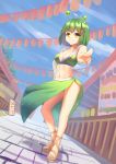  1girl absurdres antennae bare_arms bare_shoulders black_cat_ronaldinho bra breasts collarbone female foreshortening green_hair grin hand_on_hip highres legs midriff navel original pointing pointing_at_viewer sandals showgirl_skirt smile solo underwear yellow_eyes 