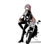  1girl bangs bikesuit boots brown_eyes brown_hair cigarette cross-laced_clothes gradient_hair headwear_removed helmet helmet_removed hijiri_byakuren leather_suit long_hair long_sleeves looking_at_viewer motor_vehicle motorcycle multicolored_hair puffy_long_sleeves puffy_sleeves purple_hair rexlent shadow shirt simple_background sitting solo taut_clothes taut_shirt touhou turtleneck vehicle very_long_hair white_background 