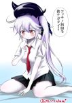  1girl blush destroyer_hime dress_shirt hat kantai_collection kuro_abamu long_hair necktie pale_skin red_eyes shinkaisei-kan shirt side_ponytail sitting skirt smile solo translation_request twitter_username very_long_hair wariza white_hair white_skin 