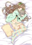  1girl bed_sheet bow brown_hair character_name d_midiror dated grey_hair hair_bow looking_at_viewer loungewear love_live!_school_idol_project minami_kotori minami_kotori_(bird) one_eye_closed one_side_up pillow pocket pom_pom_(clothes) signature smile solo striped striped_legwear thigh-highs yellow_eyes 