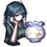  1girl blue_hair drill_hair elbow_rest fish fishbowl goldfish head_rest japanese_clothes kimono light_frown miata_(pixiv) short_hair simple_background solo table touhou upper_body violet_eyes wakasagihime white_background 
