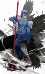  1boy blue_hair fate/stay_night fate_(series) feathers gae_bolg lancer polearm ponytail red_eyes sknana solo spear weapon wind wings 