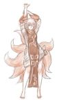  1girl animal_ears arms_up barefoot fox_ears fox_tail highres kuro_suto_sukii multiple_tails no_hat one_eye_closed restricted_palette smile solo stretch tabard tail touhou yakumo_ran 