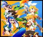  2boys 2girls :d :o arm_warmers battle bike_shorts blonde_hair blue_eyes blue_hair border brother_and_sister crossover fangs goggles goggles_on_head gun hair_ornament hairband hairclip headphones inkling kagamine_len kagamine_rin leg_warmers long_sleeves multiple_boys multiple_girls necktie open_mouth paint paint_roller paintbrush pointy_ears ponytail reki_(arequa) ribbon rifle shorts siblings sleeveless smile sniper_rifle splatoon super_soaker tattoo tentacle_hair tied_hair twins vocaloid weapon white_ribbon 
