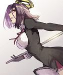  breasts glaive gloves jonasan kantai_collection mechanical_halo open_mouth purple_hair school_uniform short_hair tatsuta_(kantai_collection) violet_eyes 