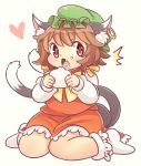  /\/\/\ 1girl animal_ears brown_hair cat_ears cat_tail chen commentary drooling fang green_hat heart ibarashiro_natou jewelry long_sleeves mob_cap multiple_tails nekomata open_mouth plump short_hair simple_background single_earring solo tail touhou two_tails white_background white_legwear 
