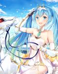  1girl elbow_gloves gloves hatsune_miku highres horseback_riding long_hair looking_at_viewer necktie open_mouth racequeen riding salute sky tailam thigh-highs twintails very_long_hair vocaloid 