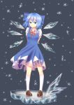  1girl absurdres black_cat_ronaldinho blue_eyes blue_hair bow breasts cirno collared_shirt dress frown hair_bow hair_ribbon highres ice ice_wings kneehighs large_bow loafers looking_at_viewer ribbon shirt shoes snowflakes socks solo touhou wings 