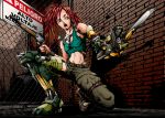  160 1girl alley asymmetrical_clothes asymmetrical_hair belt_buckle chain-link_fence chainsaw crop_top cyborg dual_wielding gun highres mechanical_arm mechanical_leg midriff nail_polish navel one_knee open_mouth original red_eyes redhead sawed-off_shotgun shotgun single_pantsleg small_breasts solo tank_top twintails uneven_twintails weapon winchester_model_1887 zombie_apocalypse 