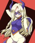  1girl arm_behind_head blonde_hair bodysuit boku_no_hero_academia covered_navel drill_hair jibo long_hair mask mount_lady red_eyes smile solo 