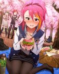  casual cherry_blossoms hanami hands_on_own_cheeks hands_on_own_face idolmaster idolmaster_million_live! jewelry julia_(idolmaster) kebab letterman_jacket maihama_ayumu multicolored_hair multiple_girls nagayoshi_subaru necklace open_mouth pantyhose picnic picnic_basket plaid plaid_pants shoes_removed streaked_hair thigh-highs wavy_mouth 