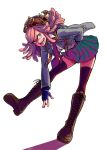  1girl bent_over black_gloves black_legwear boku_no_hero_academia boots brown_boots cross-laced_footwear crosshair fingerless_gloves full_body gloves goggles goggles_on_head green_skirt hatsume_mei highres lace-up_boots leg_up long_hair long_sleeves necktie open_mouth pink_hair pleated_skirt school_uniform simple_background skirt solo symbol-shaped_pupils thigh-highs white_background yellow_eyes yuu_(nicovideo) 