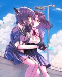  2girls alternate_eye_color black_gloves chin_grab clouds cloudy_sky fingerless_gloves from_side gloves hair_between_eyes kantai_collection looking_at_another looking_away mechanical_halo miniskirt multiple_girls open_mouth pleated_skirt popsicle purple_hair red_eyes school_uniform short_hair short_sleeves siblings sisters sitting skirt sky tatsuta_(kantai_collection) tenryuu_(kantai_collection) yellow_eyes zik_(zelco) 