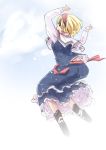  1girl alice_margatroid blonde_hair blue_eyes capelet from_behind hairband jumping mayuge_inu sash solo touhou 
