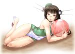  1girl antennae ayato black_hair choukai_(kantai_collection) competition_swimsuit glasses kantai_collection long_hair lying on_side one-piece_swimsuit red_eyes sandals swimsuit 