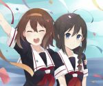  2girls ahoge black_hair blue_eyes braid brown_hair closed_eyes commentary_request hair_over_shoulder hair_ribbon hairband kantai_collection multiple_girls neckerchief ribbon school_uniform serafuku shigure_(kantai_collection) shiratsuyu_(kantai_collection) short_hair single_braid smile yukichi_(eikichi) 