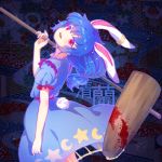  1girl animal_ears blood blood_stain blue_dress blue_hair blue_skirt bunny_tail character_name dress emia_wang head_tilt kine long_hair mallet open_mouth over_shoulder ponytail rabbit_ears red_eyes seiran_(touhou) shaft_look skirt smile solo tail touhou weapon weapon_over_shoulder 