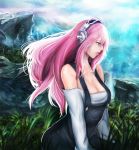  1girl absurdres bare_shoulders blush breasts cleavage headphones highres large_breasts long_hair nitroplus overalls pink_eyes pink_hair solo super_sonico 
