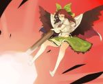  1girl arm_cannon barefoot black_hair bow breasts commentary firing gun hair_bow huge_breasts long_hair muneneko red_eyes reiuji_utsuho smile solo third_eye torn_clothes touhou weapon wings 