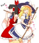  2girls apron ascot black_hair blonde_hair bow braid broom closed_eyes detached_sleeves dress gohei grey_eyes hair_bow hair_tubes hakurei_reimu hand_on_hip hat hat_bow heart kirisame_marisa long_hair long_sleeves looking_at_viewer multiple_girls original puffy_short_sleeves puffy_sleeves red_dress ryuhey shirt short_sleeves single_braid skirt skirt_set smile touhou very_long_hair vest waist_apron wide_sleeves witch_hat 