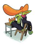  chair desk gashi-gashi green_skin gurerulin long_tongue looking_at_viewer looking_back no_humans orange_hair pointy_ears pompadour simple_background sitting solo tongue tongue_out white_background youkai youkai_watch 