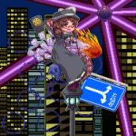  1girl :d brown_eyes brown_hair cape card fire glasses hat hat_ribbon laser lowres muyue_mitsudou occult_ball open_mouth pixel_art ribbon road_sign shirt short_hair sign skull smile touhou usami_sumireko vest 