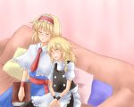  2girls alice_margatroid apron artist_request blonde_hair blush book braid capelet closed_eyes couple hairband head_on_shoulder kirisame_marisa long_hair multiple_girls necktie short_hair side_braid sitting sleeping touhou waist_apron wrist_cuffs yuri 