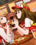  2girls brown_eyes brown_hair employee_uniform fast_food_uniform feeding food idolmaster idolmaster_million_live! long_hair miyao_miya multiple_girls official_art oven pizza pizza_delivery tenkuubashi_tomoka uniform visor_cap 