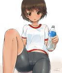  1girl bike_shorts bottle brown_eyes brown_hair girls_und_panzer gym_uniform highres isobe_noriko short_hair solokov_(okb-999) sweat sweat_stain tan tanline wet_clothes 