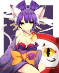  1girl a-iueo animal_ears bare_shoulders breasts cat_ears cat_tail cleavage daru_dayu highres japanese_clothes kimono kiseru multicolored_hair nail_polish pipe purple_hair short_hair show_by_rock!! slit_pupils solo tail yellow_eyes 