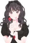  1girl black_hair breasts brown_eyes cleavage collarbone eating expressionless food fork fruit hair_ribbon hairband hands heart heart-shaped_pupils jewelry long_hair messy original puffy_sleeves ribbon ring shizuko_(chipccchip) short_sleeves simple_background solo strawberry symbol-shaped_pupils wavy_hair white_background 