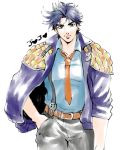  1boy black_hair blue_hair blue_jacket faux_traditional_media gamako jacket jojo_no_kimyou_na_bouken joseph_joestar_(young) necktie solo suspenders 