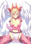  1girl ? absurdres arm_behind_back asymmetrical_hair black_gloves black_legwear blonde_hair blue_eyes breasts cleavage detached_collar diamond_(shape) dragon_girl dragon_horns feathered_wings gloves head_wings highres horns kneeling lao_meng long_hair looking_at_viewer low_wings midriff minerva_(p&amp;d) multiple_wings navel no_panties puzzle_&amp;_dragons side_slit solo speech_bubble spoken_question_mark thigh-highs white_wings wings 