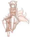  1girl barefoot dress fox_tail highres kuro_suto_sukii multiple_tails restricted_palette sitting solo tabard tail touhou yakumo_ran 